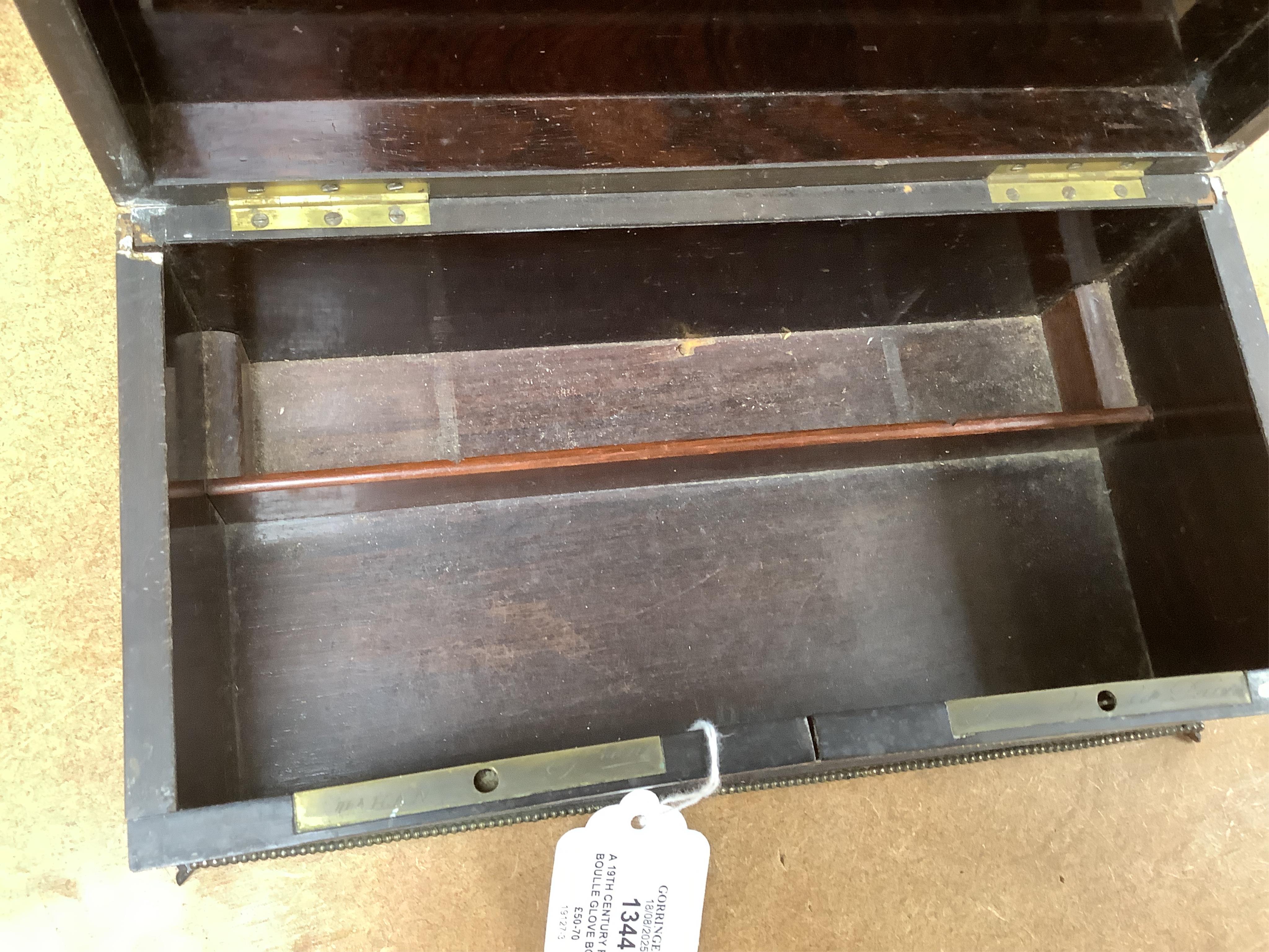A 19th century French boullework glove box, signed Tahan, Rue de la Paix, width 27cm.